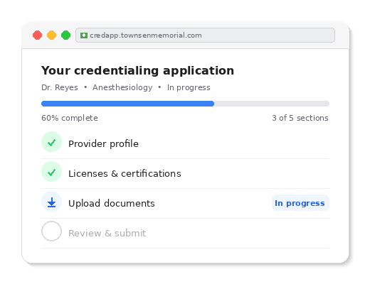 Credentialing portal dashboard showing application progress and document upload steps.