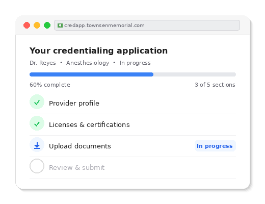 Credentialing portal dashboard showing application progress and document upload steps.